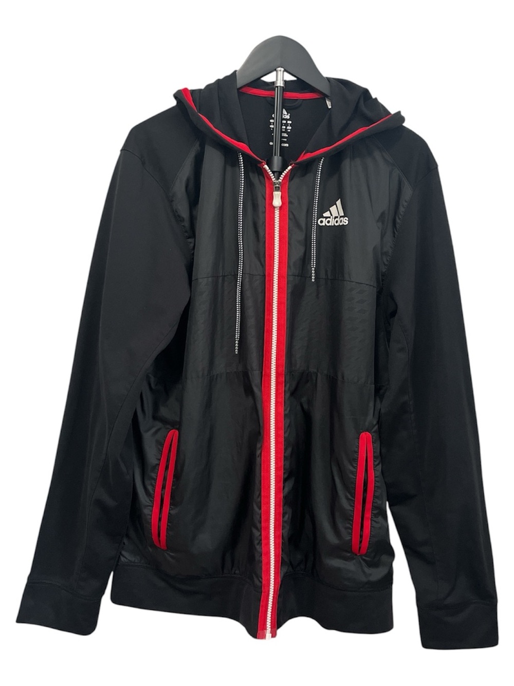 adidas Black Windbreaker Jacket with Red Trim and Hood